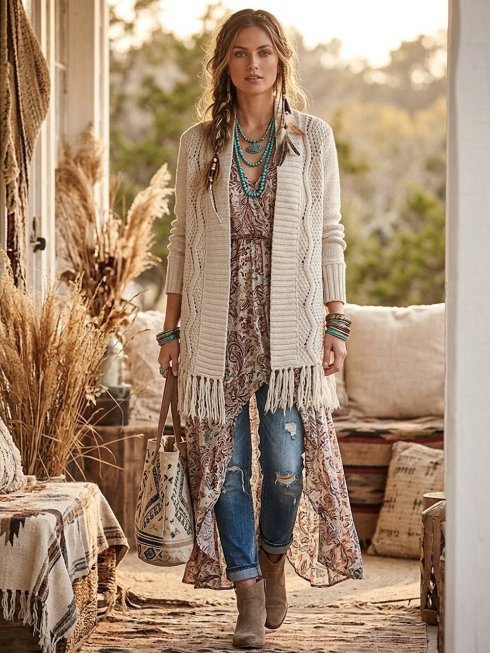 Black Tape Boho Fringed Cardigan Sweater M